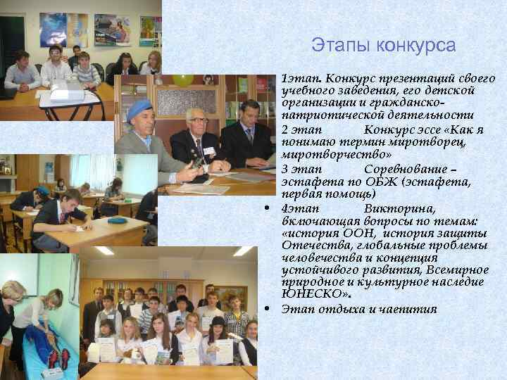 Этапы конкурса • 1 этап. Конкурс презентаций своего учебного заведения, его детской организации и