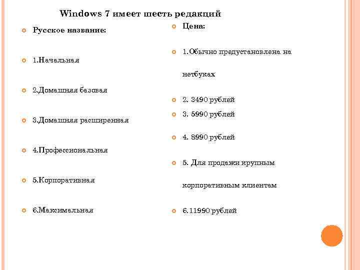 Windows 7 имеет шесть редакций Русское название: 1. Начальная Цена: 1. Обычно предустановлена на