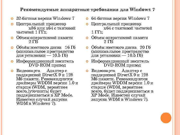 Рекомендуемые аппаратные требования для Windows 7 32 -битная версия Windows 7 Центральный процессор x