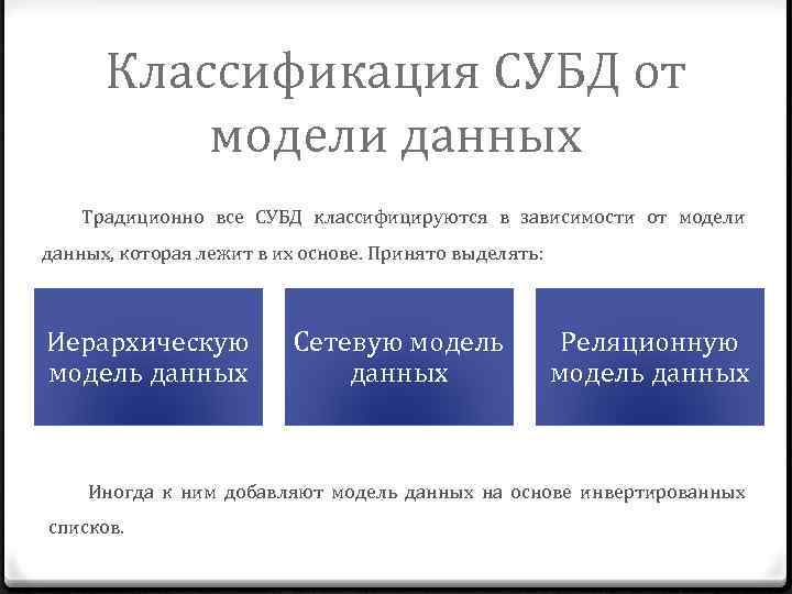 Классификация СУБД от модели данных Традиционно все СУБД классифицируются в зависимости от модели данных,