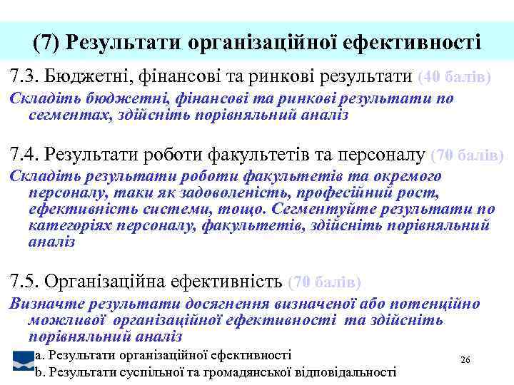 (7) Результати організаційної ефективності 7. 3. Бюджетні, фінансові та ринкові результати (40 балів) Складіть