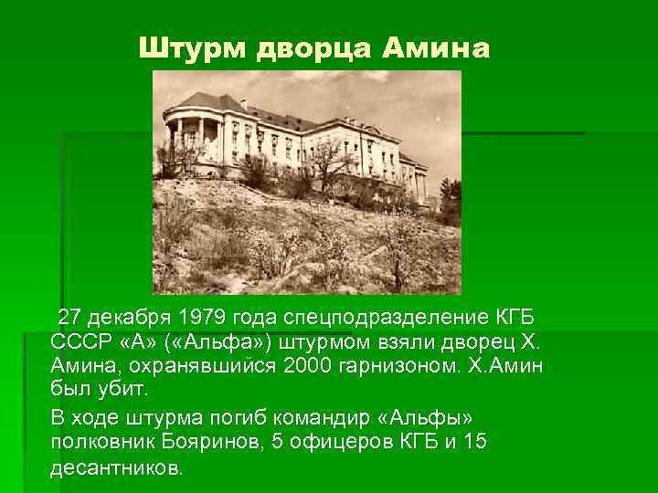 Штурм дворца Амина 27 декабря 1979 года спецподразделение КГБ СССР «А» ( «Альфа» )