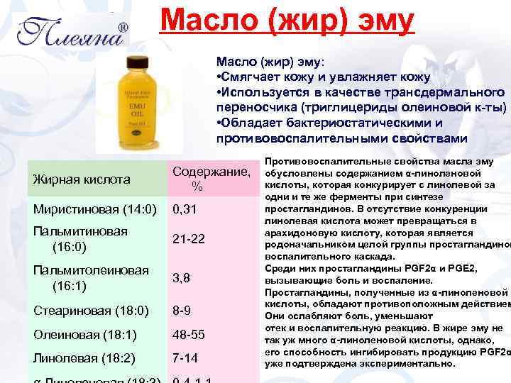 Масло (жир) эму: • Смягчает кожу и увлажняет кожу • Используется в качестве трансдермального