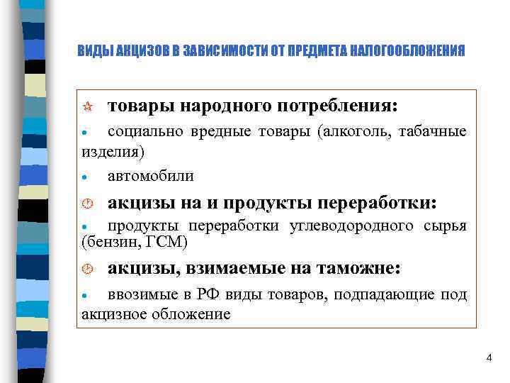 ВИДЫ АКЦИЗОВ В ЗАВИСИМОСТИ ОТ ПРЕДМЕТА НАЛОГООБЛОЖЕНИЯ ¶ товары народного потребления: социально вредные товары