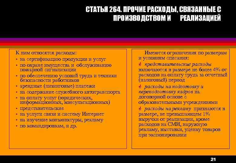 СТАТЬЯ 264. ПРОЧИЕ РАСХОДЫ, СВЯЗАННЫЕ С ПРОИЗВОДСТВОМ И РЕАЛИЗАЦИЕЙ К ним относятся расходы: •