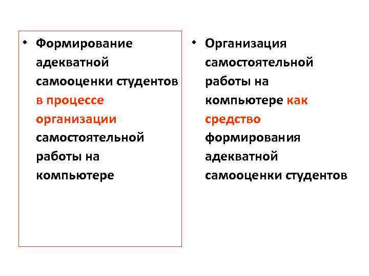  • Формирование • Организация адекватной самостоятельной самооценки студентов работы на в процессе компьютере