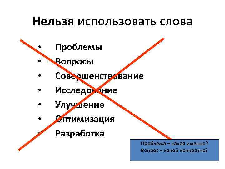 Нельзя использовать слова • • Проблемы Вопросы Совершенствование Исследование Улучшение Оптимизация Разработка Проблема –