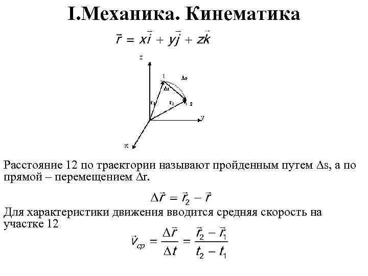 I. Механика. Кинематика Расстояние 12 по траектории называют пройденным путем Ds, а по прямой