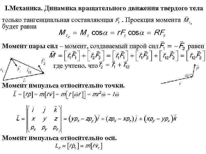 I. Механика. Динамика вращательного движения твердого тела только тангенциальная составляющая . Проекция момента будет