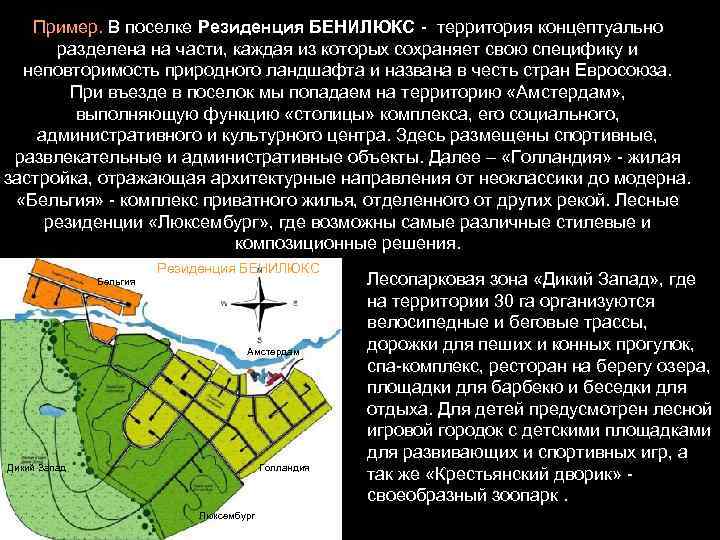 Пример. В поселке Резиденция БЕНИЛЮКС - территория концептуально разделена на части, каждая из которых