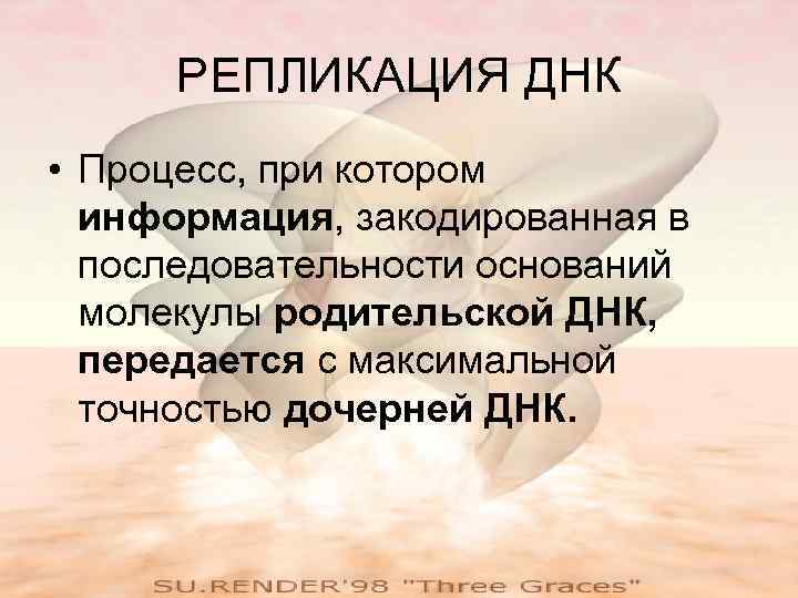 РЕПЛИКАЦИЯ ДНК • Процесс, при котором информация, закодированная в последовательности оснований молекулы родительской ДНК,