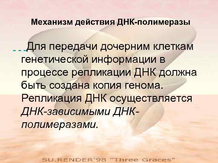 Механизм действия ДНК-полимеразы Для передачи дочерним клеткам генетической информации в процессе репликации ДНК должна