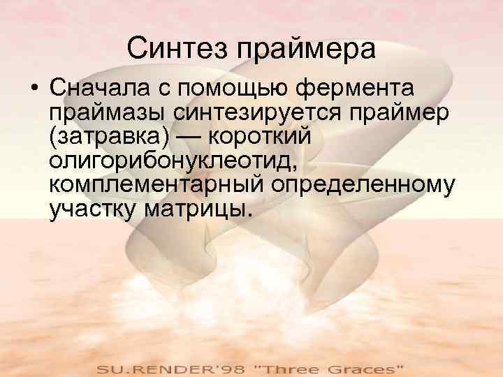 Синтез праймера • Сначала с помощью фермента праймазы синтезируется праймер (затравка) — короткий олигорибонуклеотид,