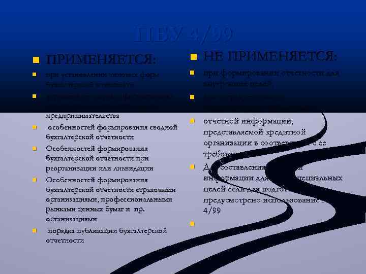ПБУ 4/99 n n n n ПРИМЕНЯЕТСЯ: n НЕ ПРИМЕНЯЕТСЯ: при установлении типовых форм