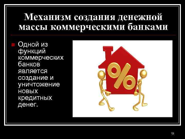 Механизм создания денежной массы коммерческими банками n Одной из функций коммерческих банков является создание