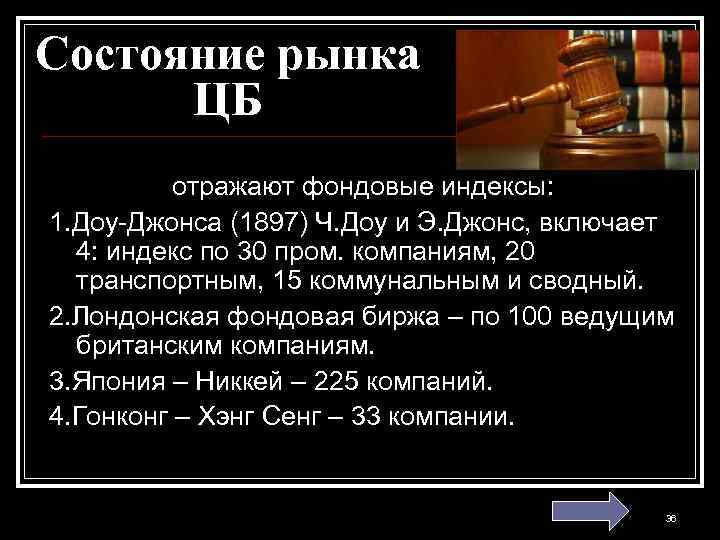 Состояние рынка ЦБ отражают фондовые индексы: 1. Доу-Джонса (1897) Ч. Доу и Э. Джонс,