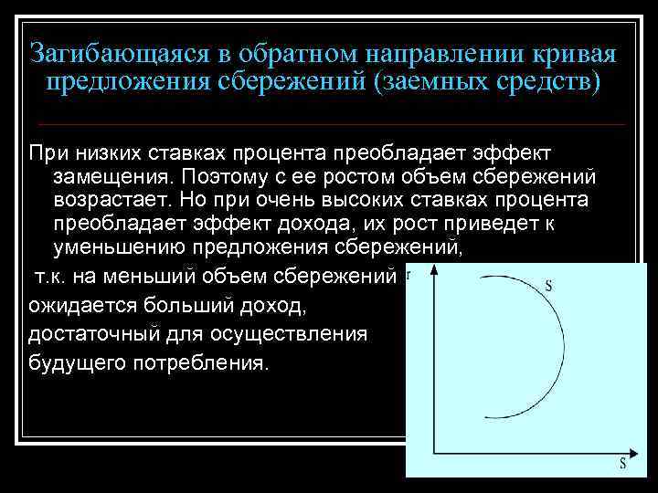 Загибающаяся в обратном направлении кривая предложения сбережений (заемных средств) При низких ставках процента преобладает