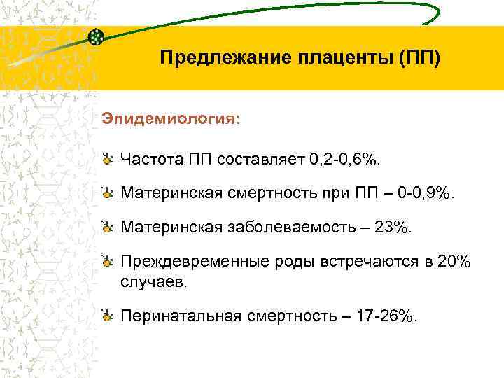 Предлежание плаценты (ПП) Эпидемиология: Частота ПП составляет 0, 2 -0, 6%. Материнская смертность при