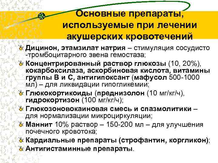 Основные препараты, используемые при лечении акушерских кровотечений Дицинон, этамзилат натрия – стимуляция сосудисто -тромбоцитарного