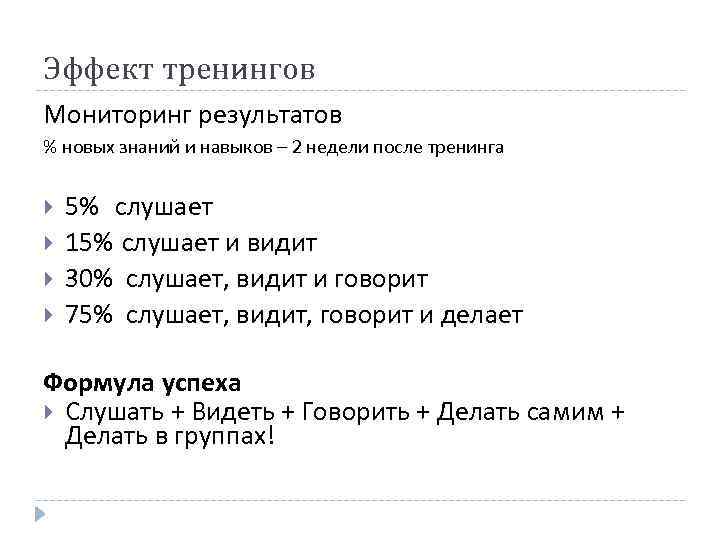 Эффект тренингов Мониторинг результатов % новых знаний и навыков – 2 недели после тренинга