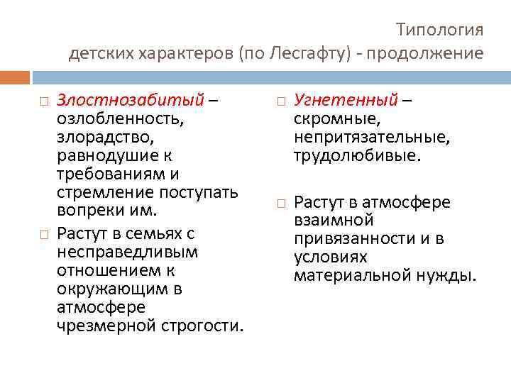 Типология детских характеров (по Лесгафту) - продолжение Злостнозабитый – озлобленность, злорадство, равнодушие к требованиям