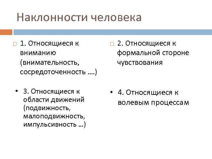 Наклонности человека 1. Относящиеся к вниманию (внимательность, сосредоточенность …. ) • 3. Относящиеся к