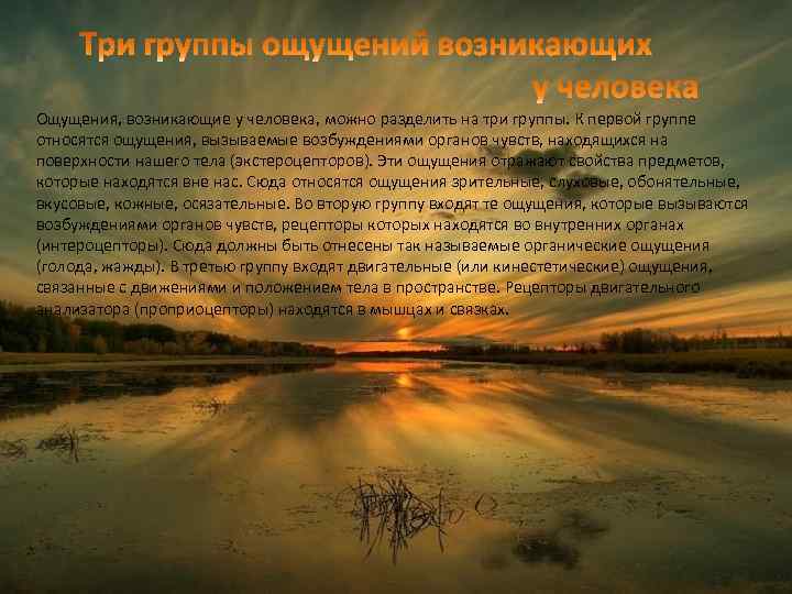 Ощущения, возникающие у человека, можно разделить на три группы. К первой группе относятся ощущения,