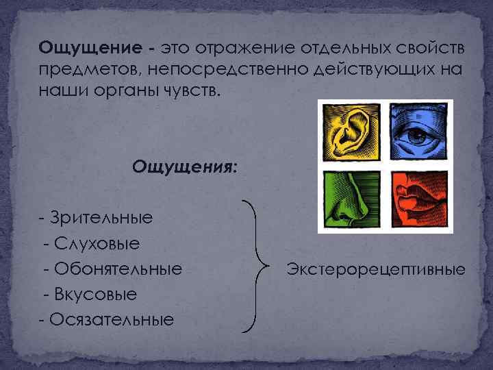 Ощущение - это отражение отдельных свойств предметов, непосредственно действующих на наши органы чувств. Ощущения: