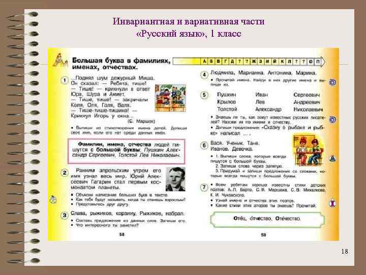 Инвариантная и вариативная части «Русский язык» , 1 класс 18 
