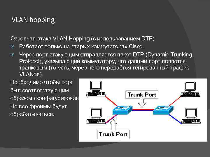 VLAN hopping Основная атака VLAN Hopping (с использованием DTP) Работает только на старых коммутаторах