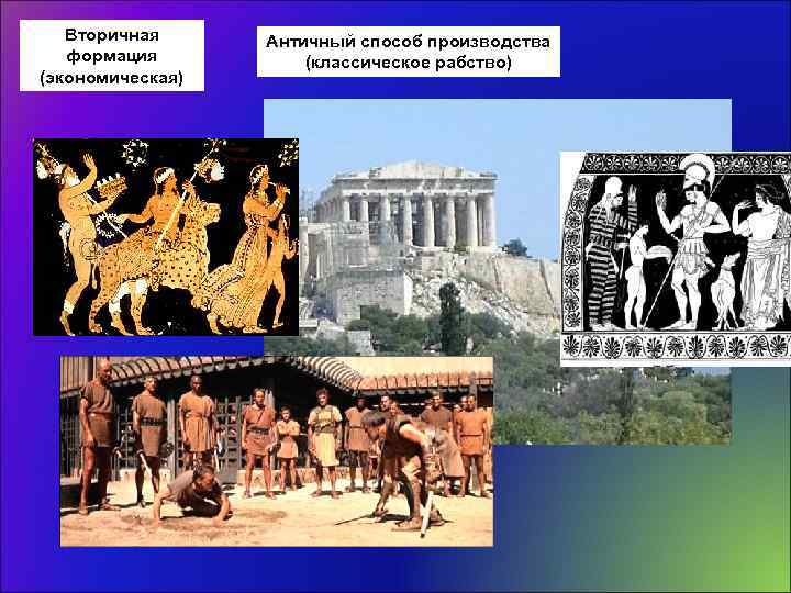 Вторичная формация (экономическая) Античный способ производства (классическое рабство) 