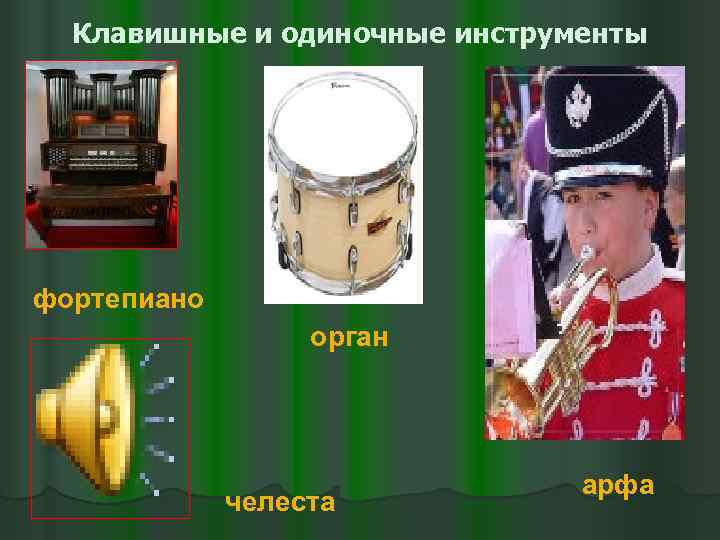 Клавишные и одиночные инструменты фортепиано орган челеста арфа 