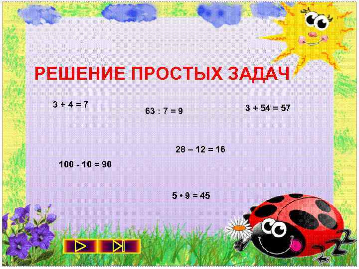 РЕШЕНИЕ ПРОСТЫХ ЗАДАЧ 3+4=7 63 : 7 = 9 28 – 12 = 16