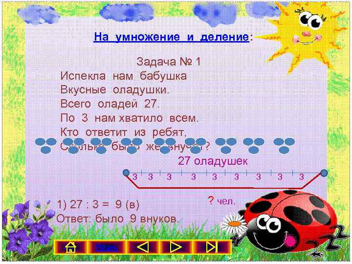 На умножение и деление: Задача № 1 Испекла нам бабушка Вкусные оладушки. Всего оладей