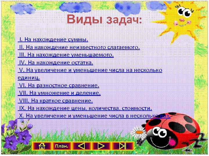 Виды задач: I. На нахождение суммы. II. На нахождение неизвестного слагаемого. III. На нахождение