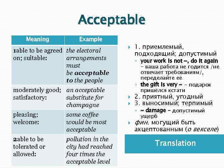 Acceptable Meaning Example 1 able to be agreed the electoral on; suitable: arrangements must