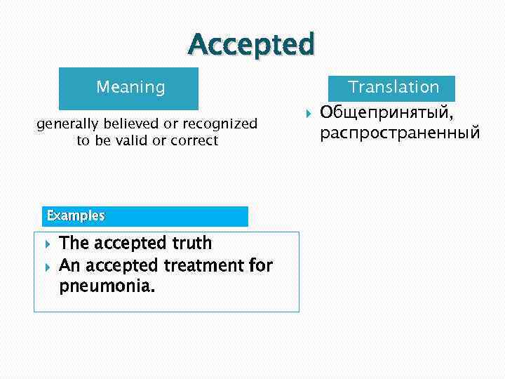 Accepted Meaning generally believed or recognized to be valid or correct Examples The accepted