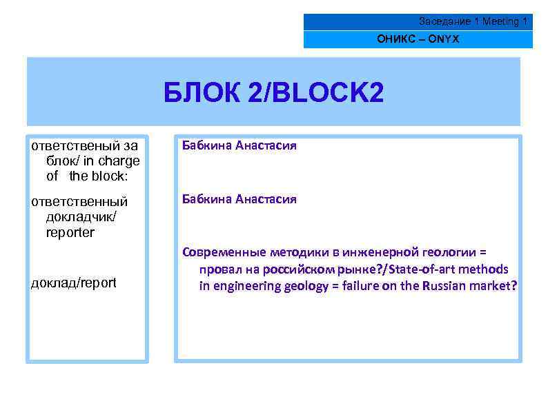 Заседание 1 Meeting 1 ОНИКС – ONYX БЛОК 2/BLOCK 2 ответственый за блок/ in
