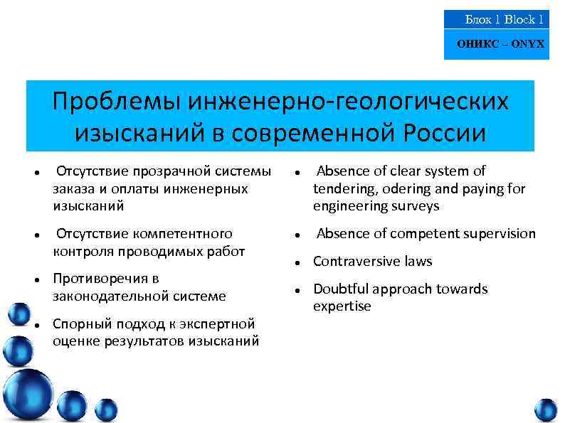 Блок 1 Block 1 ОНИКС – ONYX Проблемы инженерно-геологических изысканий в современной России Отсутствие