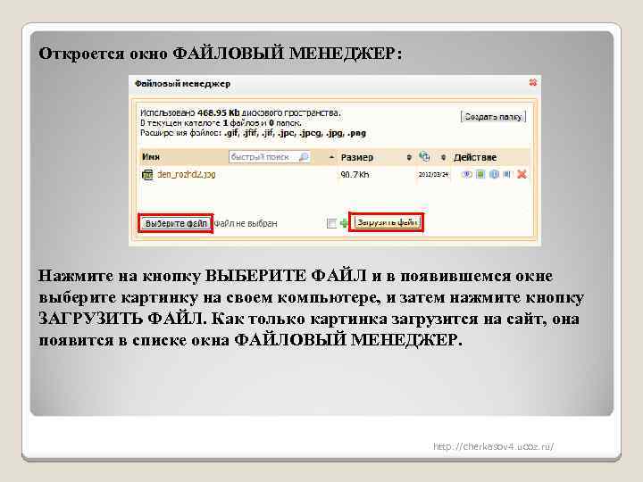 Откроется окно ФАЙЛОВЫЙ МЕНЕДЖЕР: Нажмите на кнопку ВЫБЕРИТЕ ФАЙЛ и в появившемся окне выберите