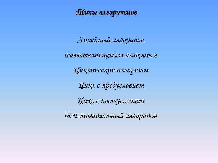 Типы алгоритмов Линейный алгоритм Разветвляющийся алгоритм Циклический алгоритм Цикл с предусловием Цикл с постусловием