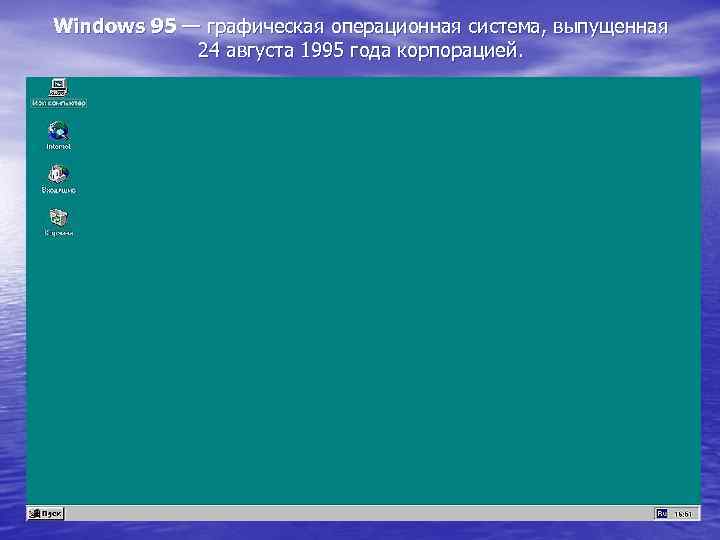 Windows 95 — графическая операционная система, выпущенная 24 августа 1995 года корпорацией. 