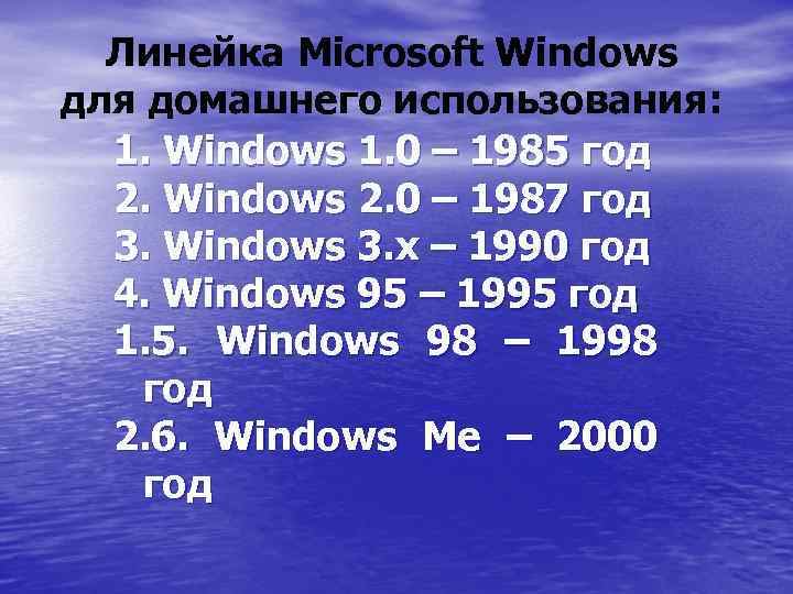 Линейка Microsoft Windows для домашнего использования: 1. Windows 1. 0 – 1985 год 2.