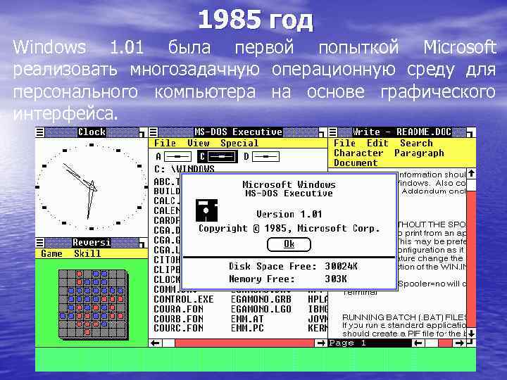 1985 год Windows 1. 01 была первой попыткой Microsoft реализовать многозадачную операционную среду для