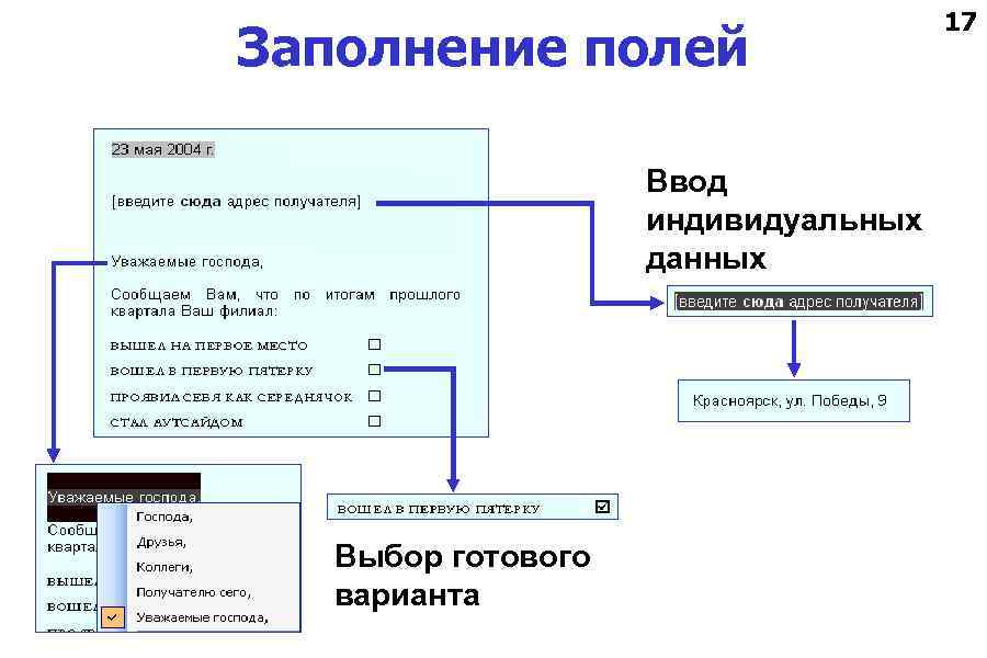 Заполнение полей Ввод индивидуальных данных Выбор готового варианта 17 