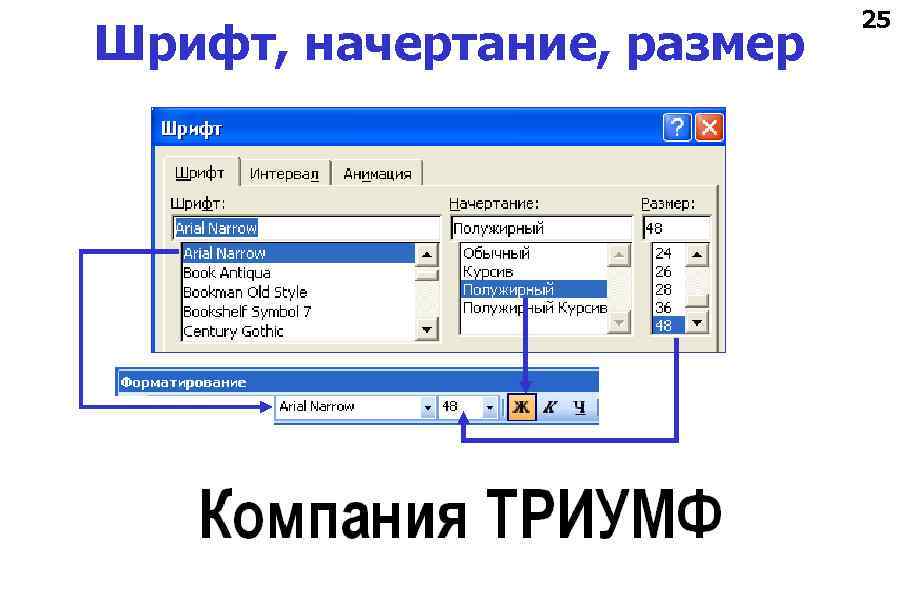 Шрифт, начертание, размер 25 