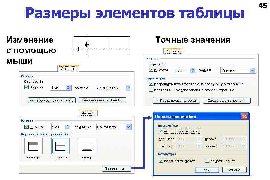 Размеры элементов таблицы Изменение с помощью мыши Точные значения 45 