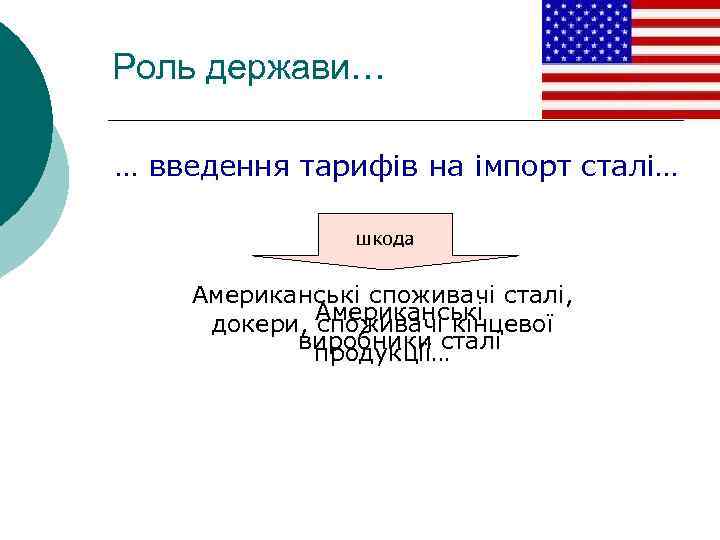 Роль держави… … введення тарифів на імпорт сталі… користь шкода Американські споживачі сталі, Американські