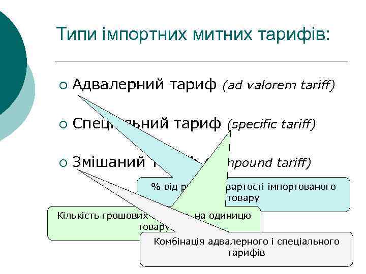 Типи імпортних митних тарифів: ¡ Адвалерний тариф (ad valorem tariff) ¡ Спеціальний тариф (specific