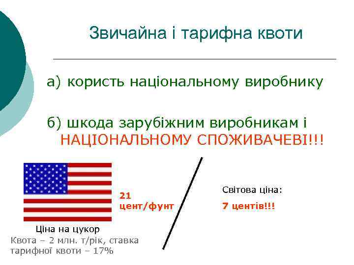 Звичайна і тарифна квоти а) користь національному виробнику б) шкода зарубіжним виробникам і НАЦІОНАЛЬНОМУ